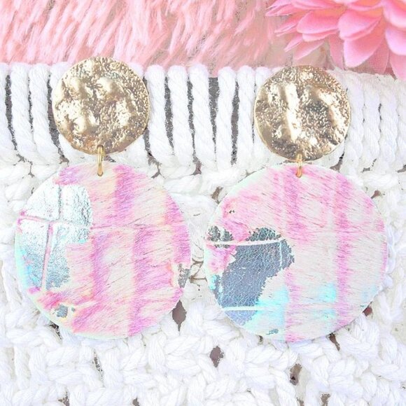 NO 3 Mermaid Gold Over The Ocean Double Disk Statement Dangle Earrings NWT - Picture 1 of 3